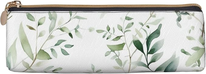 Leather Pen Case with Zipper - Aesthetic Pen Holder White Natural Greenery Twig Pencil Case for Women & Men - Handcrafted Pencil Bag Multi-Functional Travel Cosmetic Case for Work Office Tool Pouch