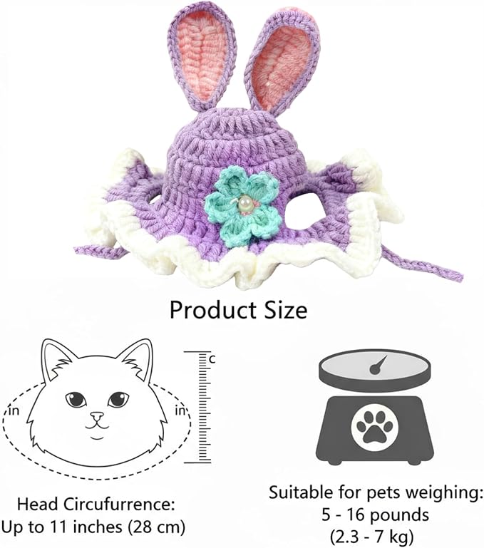 Cute Cat Hats Costume Suitable for 5 to16 lbs - Rabbit Kitten Hat Head Circumference 11" or Less Cat Hats for Cats only Pet Photography Outfits