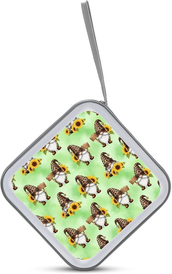 Protective DVD Case Holder Sunflower Gnomes, 40-Capacity Hard Plastic Binder with Zipper, Portable CD Organizer for Car Home