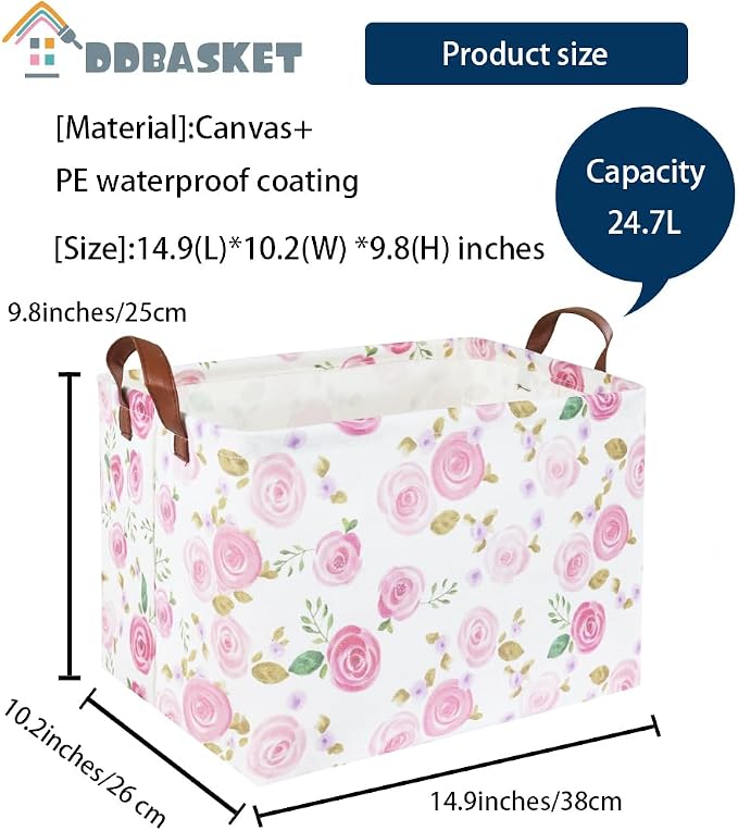 Rose Pink Baby Basket Nursery Baskets Girl Baby Storage Bins Rectangular Cute Kids Toy Storage Bin Organizer Book Shelf Basket Rose Room Decor(Pink Rose)