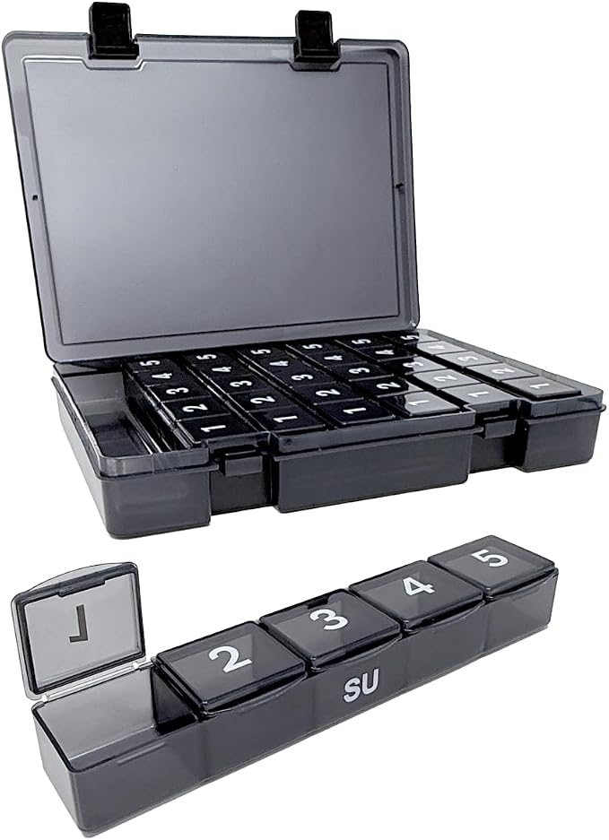 7-Day Weekly Pill Organizer with Secure Case, 5 Compartments Per Day, Removable Tray, Medication Schedule, Travel Pill Box-Complex Medication Routine (5 Time-a-Day - Black)