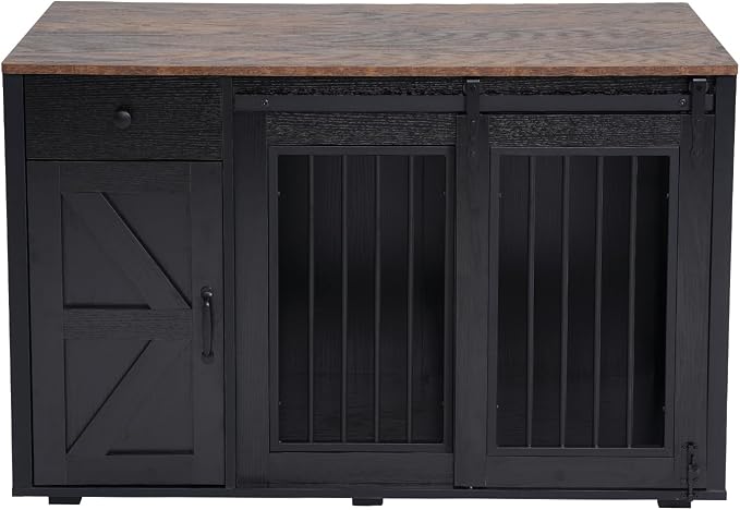 Verano Garden 44" Dog Crate Furniture, Dog Kennel (44" Left Facing Door) | 2-in-1, Lockable, Sliding Door, Removable Divider, Adjustable Shelf, Farmhouse, Heavy Duty, Small Medium Dogs, Black