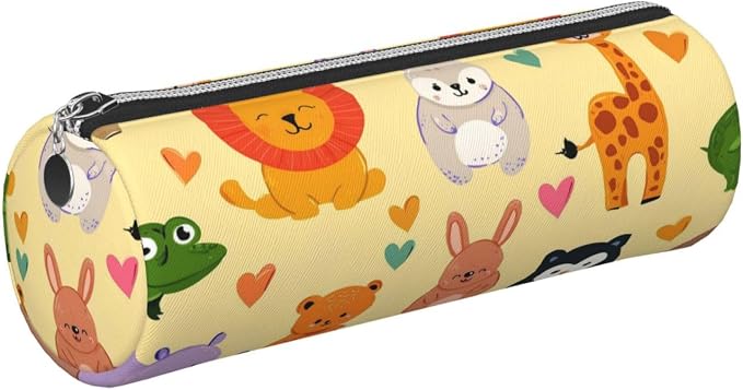 OSAM SPACE Leather Pencil Case Round Pencil Bag Cute Animals Hearts Pen Organizer Holder Portable Zipper Pouch Cute School Supplies for Girls Boys Study Office
