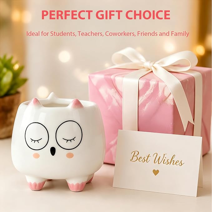 Ceramic Cat Shaped Pen Pencil Holder for Desk Decoration Accessories Cat Decor Makeup Brush Pen Cups Office School Ideal Gifts for Women, Mom or Birthdays