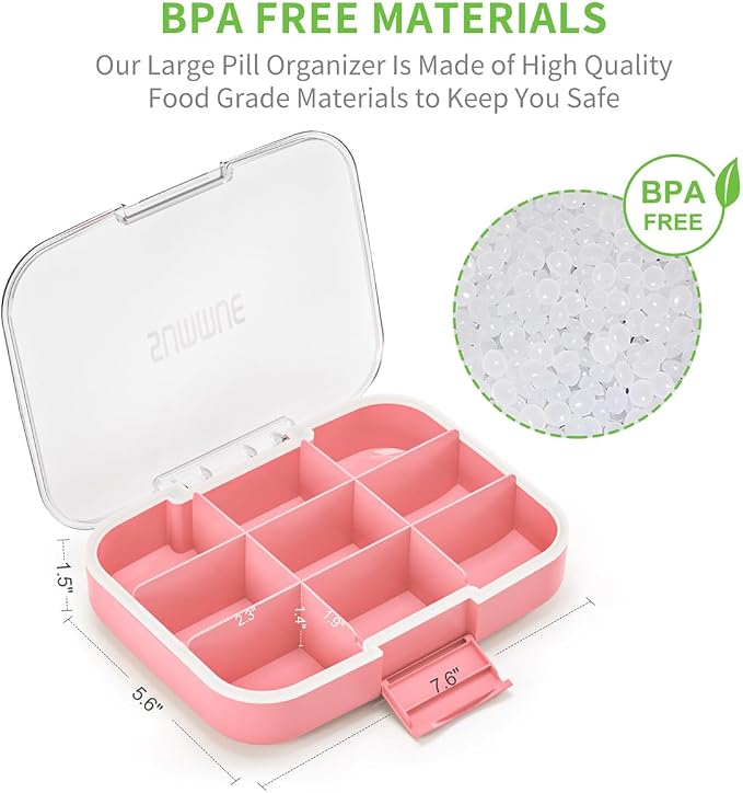 Large Pill Organizer, 9 Compartments Portable Travel Pill Box Case Moisture Proof, XL Pill Container Holder for Vitamins, Cod Liver Oil, Supplements, Medication (Pink)