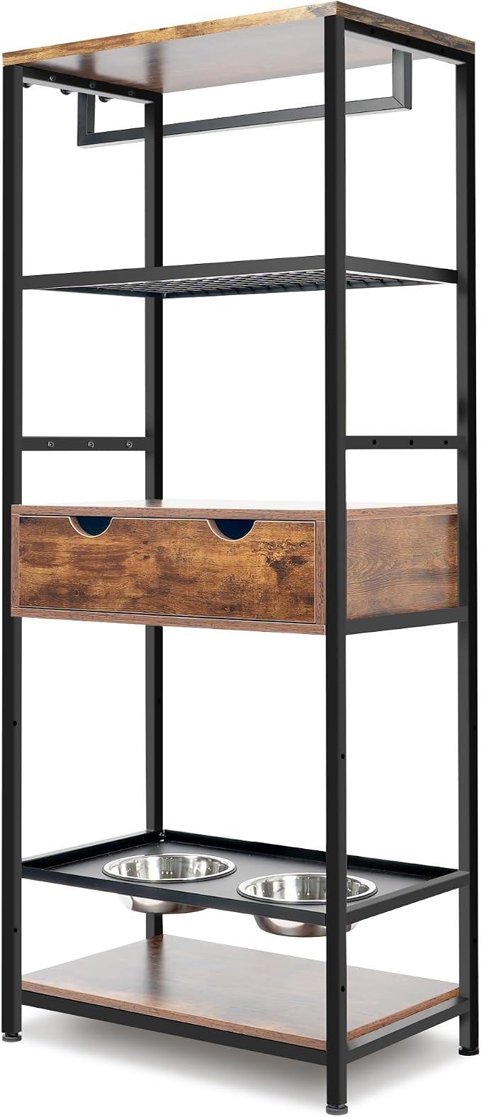 Oigavfd Dog Food Station with Storage Shelves Adjustable Dog Bowl Stand with Storage Organiser and Shelves for Dogs Suitable for Hallway, Living Room, Kitchen, Black and Vintage