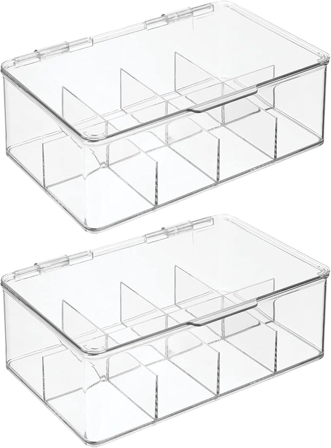 mDesign Plastic Divided First Aid Storage Box Kit with Hinge Lid for Bathroom, Kitchen, Cabinet, Closet - Organize Medicine, Ointments, Adhesive Bandages, Dental - 8 Sections, 2 Pack - Clear