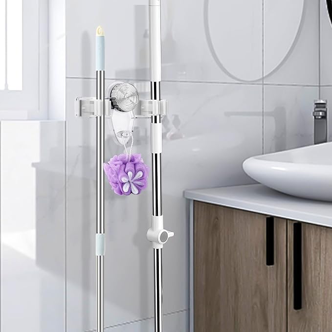 LELE LIFE 2 Pack Broom Holder Mop Hanger - Strong Suction Cup - No Drill Removable Broom Organizer Rack Wall Mount with Hooks for Bathroom Kitchen Garage, Clear