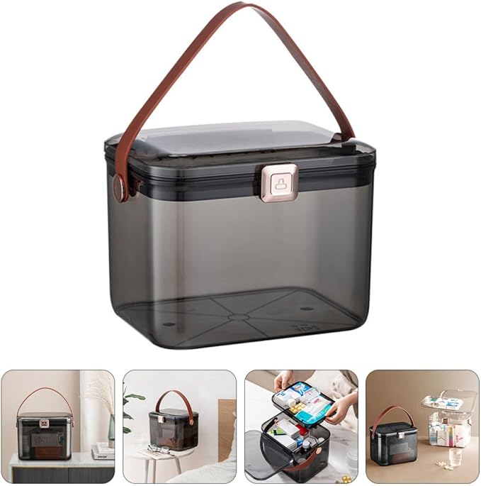 Sewroro First Aid Medicine Box Large Capacity Dual Layer Pp Pet Organizer | Safety Lock, Desktop Home Use, Storing Medicines, Tidy Household Categories, Pu Accent Details
