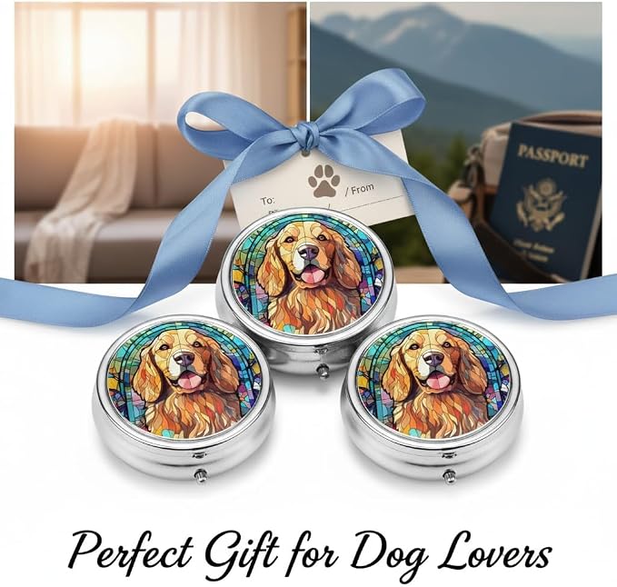 Golden Retriever Dog Small Box for Pill,3 Compartment Pill Case Travel Medicine,Portable Pocket or Purse Pill Organizer Container Holder Hold Vitamins, Medication, Fish Oil Supplements
