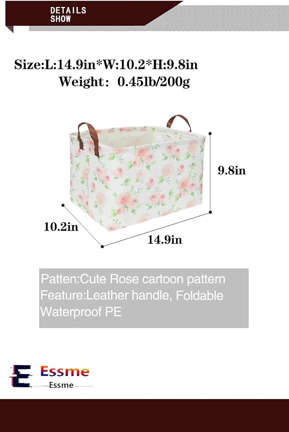 Essme Rectangular Rose Basket,Pink Storage Box, Flower Storage Bins Organizer with Handles for Girls Room Decor, Girl Basket,Shelf Basket.(Rose) .
