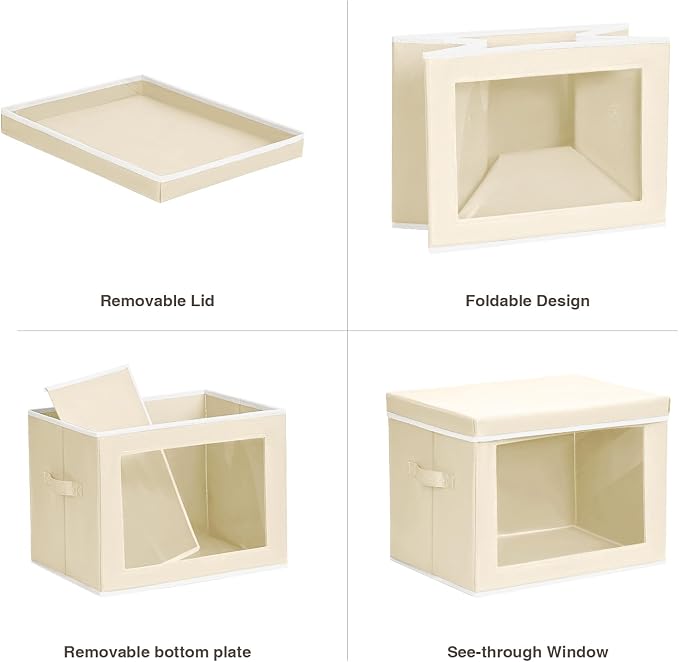 Fabric Storage Bins with Lids, Storage Cubes with Window, Decorative Storage Boxes Baskets for Organizing, Closet Organizer Storage Bins for Home, Office, 3 Packs, Beige