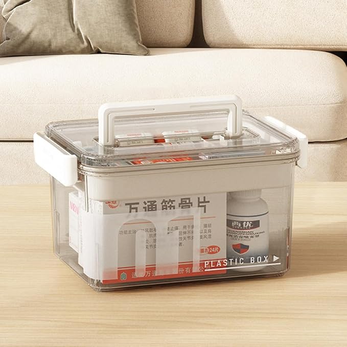 Medicine Storage Box with Handles, Clear Plastic Medicine Storage Organizer & First Aid Box, Multipurpose Medical Supply Organizer with Removable Tray for Home, Office & Travel(Clear)