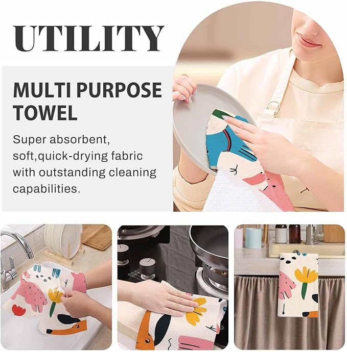 Crayon Dog Waffle Kitchen Dish Cloths Cute Colorful Dogs Ultra Soft Absorbent Quick Drying Dish Towels 16 X 24 Inches Set of 2