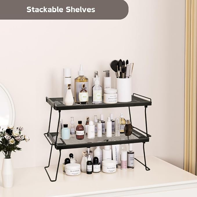 IBERG Stackable Cabinet Shelf Organizer, Set of 2 Metal Shelves (Black)