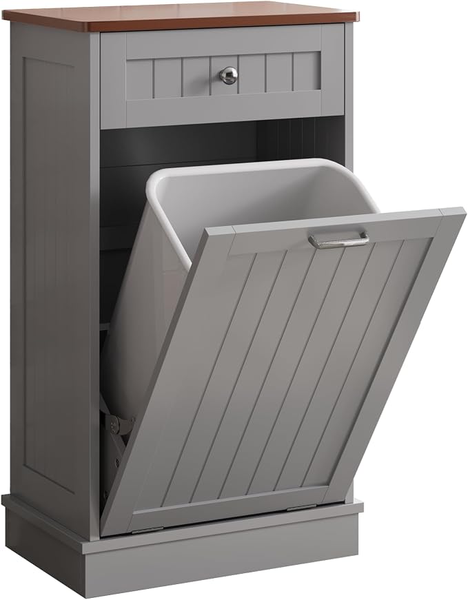 KIGOTY Tilt Out Trash Can Cabinet, Laundry Hamper Cabinet, Kitchen, Gray