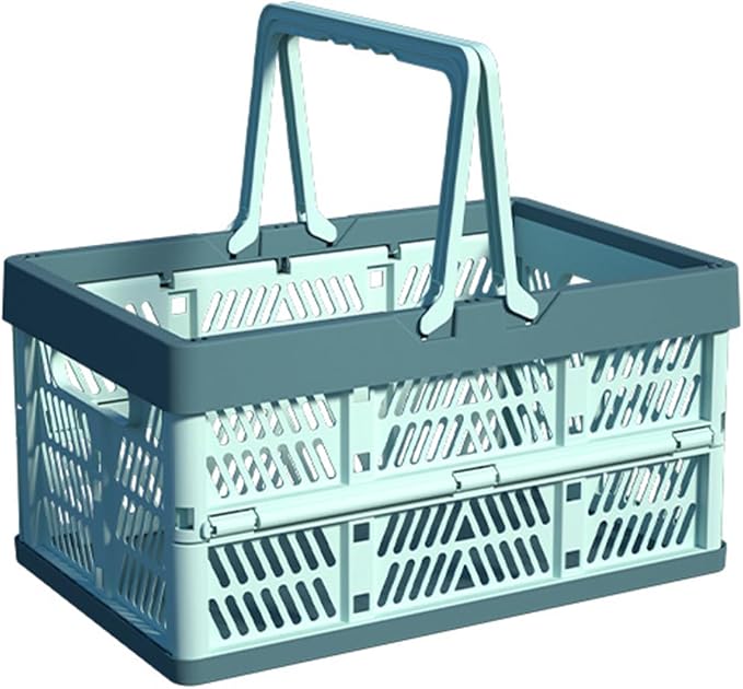 Collapsible Plastic Storage Crate - 20L Folding Organizer Basket Portable Stacking Storage Crate Bin with Handle, for Camping, Picnic, Car Trunk, Home Storage (Blue, M)