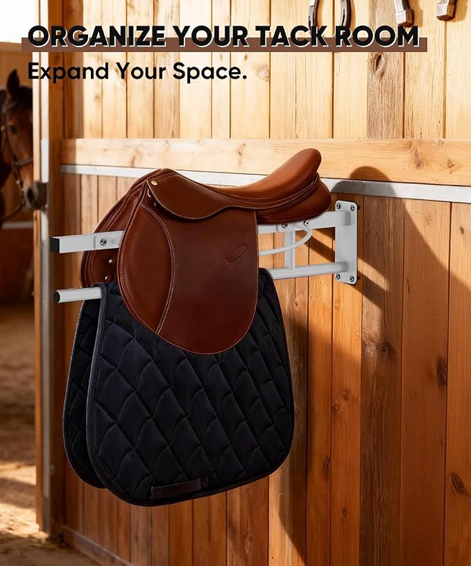 Queension Wall Mounted Saddle Rack with Pad Bar for Horses Saddles, White | Heavy Duty Horse Saddle Stand with for English & Western Saddles, Saddle Pad Rack for Horses Blanket, Tack Storage