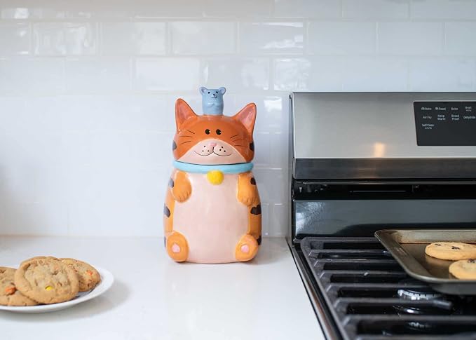 Dolomite Ceramic 10 x 6.3 Everyday Cookie & Candy Jar with Airtight Lid: Perfect for Kitchen Canisters, Pet Treat Containers & Decorative Storage, Orange Tabby Striped Cat and Mouse