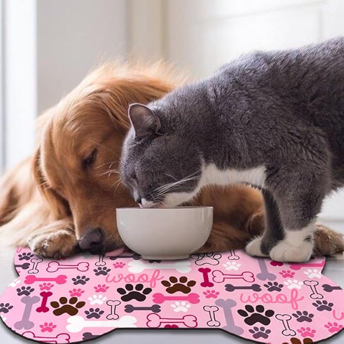 Dog Food Mats for Floors Waterproof, Pet Feeding Absorbent Water Bowl Mat Cat Placemats Pink Bone Shape 25.5 * 17 inch