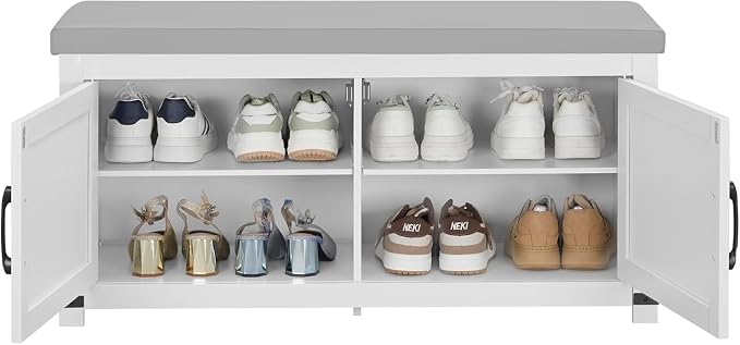 Hzuaneri 39.4" Shoe Storage Bench, with Soft Padded Seat Cushion & Doors | 2 Tier Entryway Storage Bench with Adjustable Shelf, Farmhouse Shoe Cabinet for Living room, Bedroom, White SB26603GY