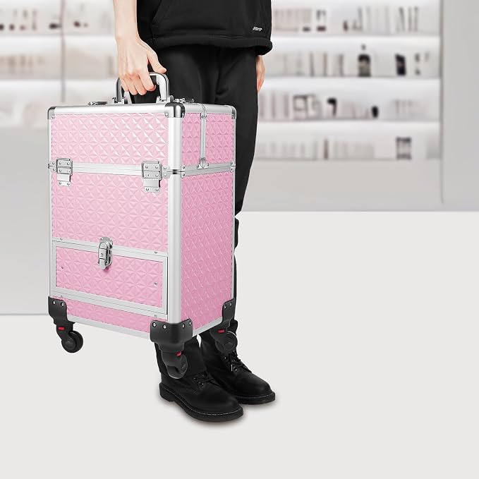 Professional Rolling Makeup Train Case with Lock, 7 Compartments 44lbs Capacity Rolling Nail Case Adjustable Organizer for Makeup Artists, Hairstylists, Pet Groomers (Pink)