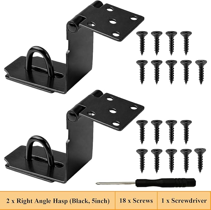 5 Inch Right Angle Padlock Hasp, Stainless Steel Safety Door Clasp, 2 Pack Garden Gate Lock Latch with Screws, for Wooden Barn Shed Door, Closets, Cabinets, Storage Box, Pet Cage, Matte Black
