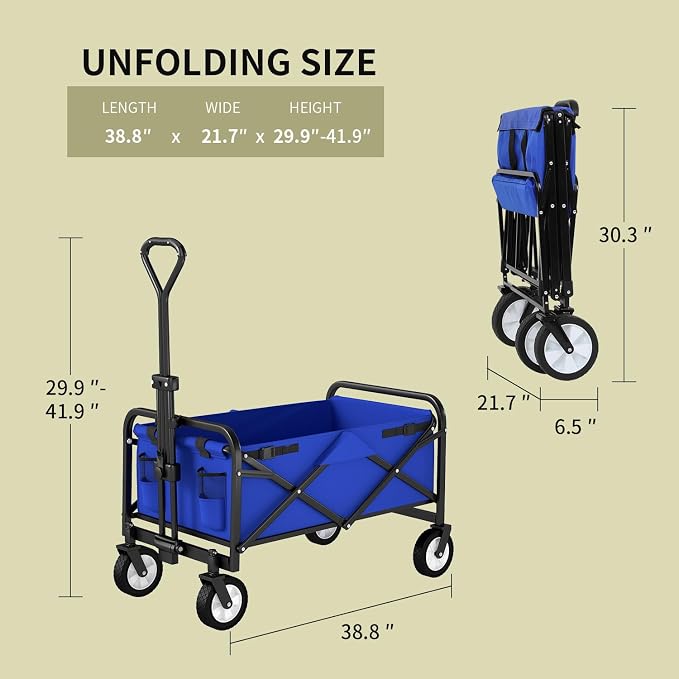 Collapsible Folding Wagon Garden Cart Beach Wagon Grocery Wagon All-Terrain Wheels Garden Grocery Wagon for Shopping Park Picnic, Beach Trip, Outdoor Activities, Camping (Blue)