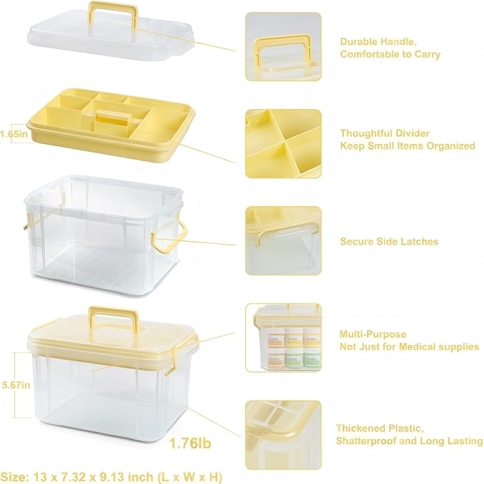 HEY FOLY 15qt Yellow Medicine Organizer Storage Box with Tray, Set of 2 Plastic First Aid Box Empty, Thickened Medicine Container Chest, Multipurpose Medical Case with Labels, Grey Medicine Caddy