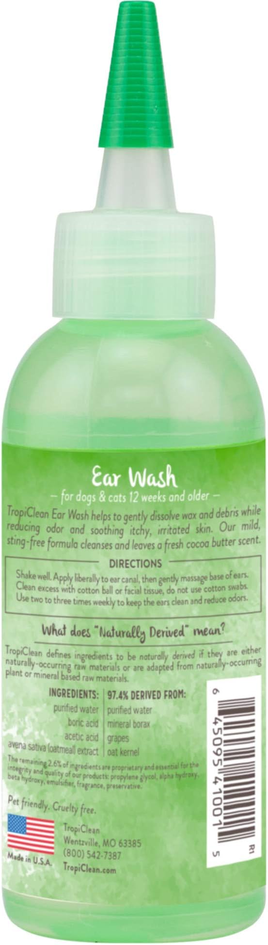 TropiClean Dog Ear Wash, Vet Recommended Ear Cleaning Solution for Itch Relief, Odor Eliminating, Non Stinging Alcohol-Free, Cat Safe, USA Made, 4oz