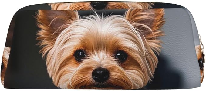 PU Leather Pencil Case Cosmetic Pencil Bags Makeup Pouch with Zipper | Cute Pet Yorkie Pen Pouch Portable Cosmetic Organizer Bag For Office Woman Man