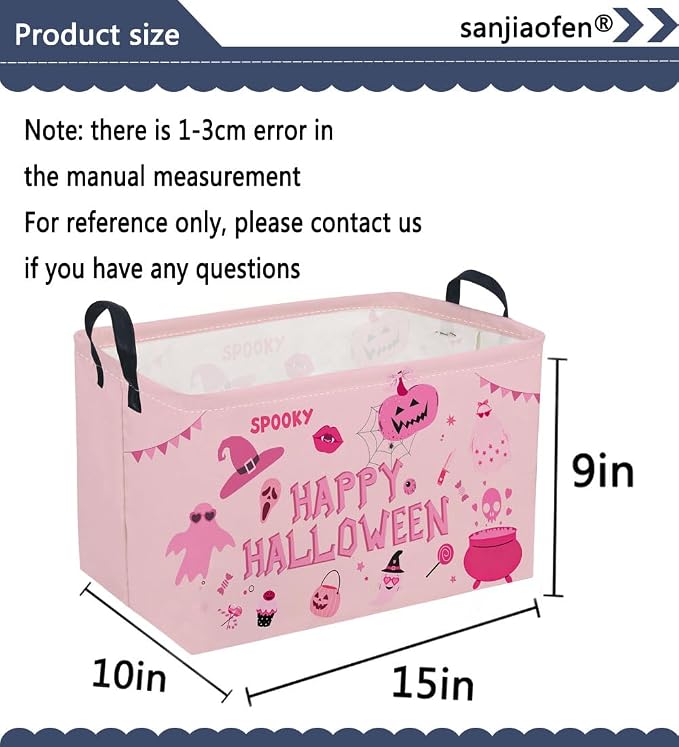 Sanjiaofeng Rectangular Pink Halloween Ghost Storage Basket,Waterproof Foldable Storage Baskets,Trick or Treat Halloween Basket,Halloweens Party Candy Gift Baskets(Pink Ghost)