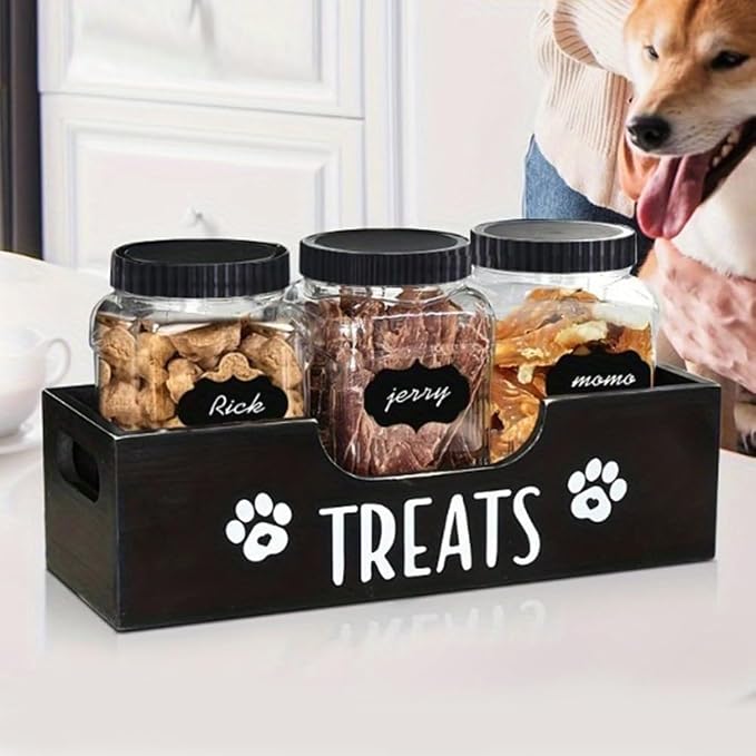 Dog Treat Container, Wooden Dog Food Storage Holder with 3 Plastic Treat Jar Snack Organizer, Multifunction Airtight Pet Treat Bin for Pet Gift Supply Accessories-Black