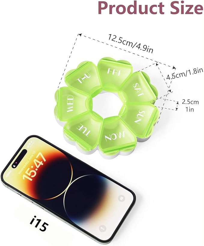 MOLN HYMY Large Weekly Pill Box 7 Day, Cute Pill Case Organizer 1 time a Day, Floral Pill Container Once Daily, Pretty Medicine Dispenser for Vitamin/Fish Oil/Medication/Supplements (Green)