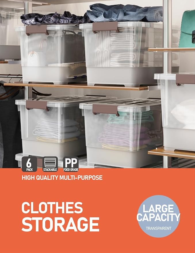 WYT 32 Qt Plastic Clear Storage Bin with Durable Lids and Latching Buckle, 6-Pack Tote Organizing Box Stackable and Nestable