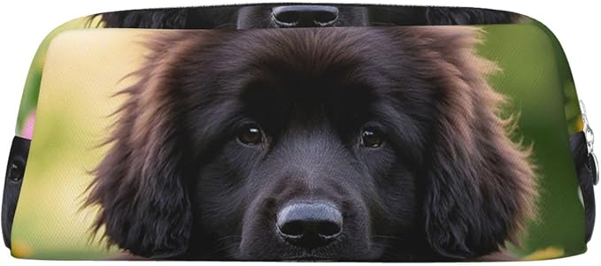 PU Leather Pencil Case Cosmetic Pencil Bags Makeup Pouch with Zipper | Cute Pet Newfoundland Dog Pen Pouch Portable Cosmetic Organizer Bag For Office Woman Man