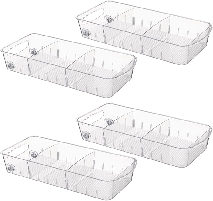 4 PCS Fridge Organizer Bins With Wheels, Roll Out Refrigerator Organizers Storage Refrigerator Drawers With Dividers, Plastic Pantry Storage Trays for Kitchen Organization