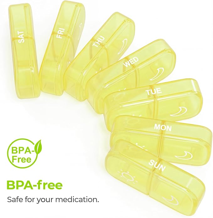 AUVON Weekly Pill Organizer 2 Times a Day, One-Sided Opening, Easy to Use | AM PM Pill Case, XL Pill Box 7 Day, Travel Medication Organizer for Medication, Vitamins, Fish Oils, Supplements, Yellow