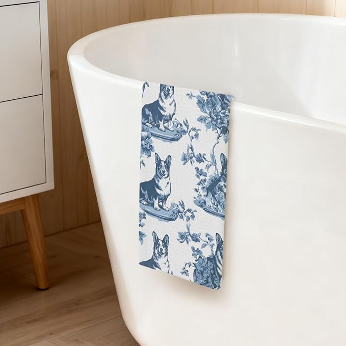 Corgi Kitchen Dish Towels,Blue and White Floral Dog Towel Dish Tea Towels, Chinoiserie Decor for Kitchen Bathroom,Corgi Gifts for Dog Lover Mom Dad,16x24 Inch