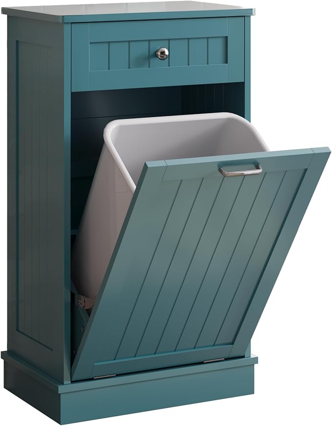 KIGOTY Tilt Out Trash Can Cabinet, Laundry Hamper Cabinet, Teal Blue