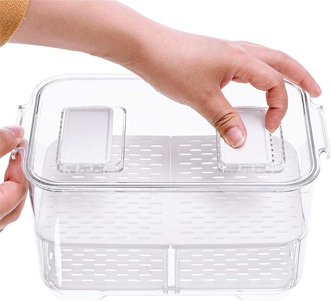 SANNO Vegetable Fruit Storage Containers, Refrigerator Storage Containers Fresh Produce Saver with Lids and Vents,Stackable Salad Lettuce Keeper for Refrigerator,BPA-free Stay Fresh Containers Bin