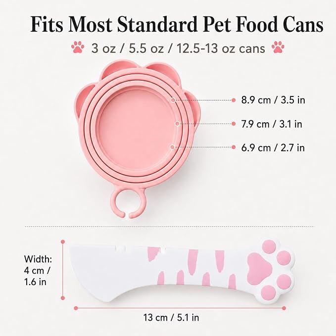 Meow&Woof Cat Food Can Lids and Spoon, Silicone Pet Food Can Covers for 3 oz, 5.5 oz, 12 oz & 13 oz Cans, Reusable Wet Food Storage Lid with Scraper Spoon for Cats and Dogs (Pink & White)