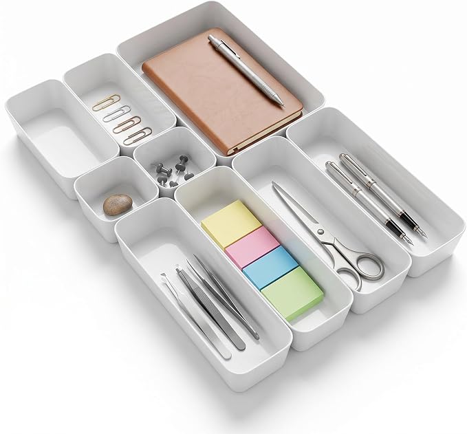 9 Pcs stackable drawer organizer Set, Multifunctional desk drawer organizer Trays for Vanity, Bathroom, Kitchen, Office, Plastic Storage Bins in Beige, 5 Sizes