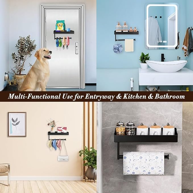 Picowe Dog Leash Holder for Wall, Metal and Wood Dog Leash Hooks,Easy Install Pet Stuff Storage Shelf Storage for Leashes,Collar, Toys, Treats, Poop Bag (By Screws)