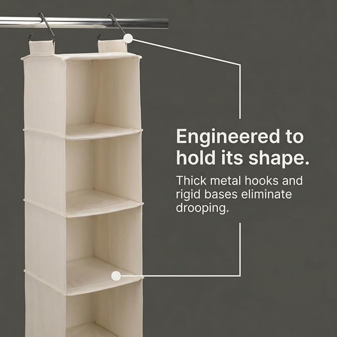 Household Essentials Cedarline 6‑Shelf Hanging Closet Organizer in Heavy‑Duty Cotton Canvas, Cream