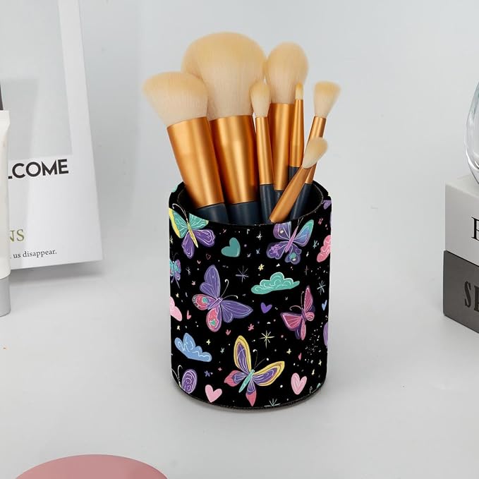 Faux Leather Pen Holder for Desk, Pencil Organizer Colorful Butterflies Pen Cup Desk Decor Makeup Brush Holder Storage for Office Home