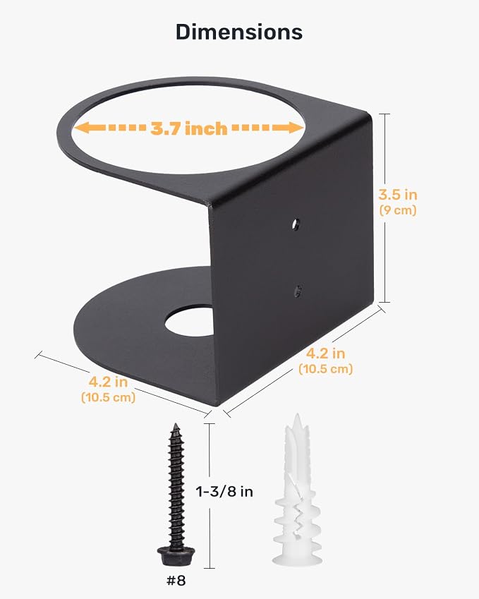 Steel Spray Bottle Holder Wall Mount 2-Pack, Fits up to 32 oz | 13-Gauge, Powder-Coated Black Finish, Rust-Resistant, Hardware Included, 3.7 inch Opening