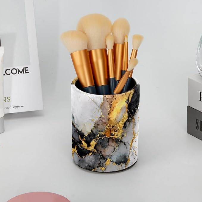 Faux Leather Pen Holder for Desk, Pencil Organizer Marble Texture Pen Cup Desk Decor Makeup Brush Holder Storage for Office Home