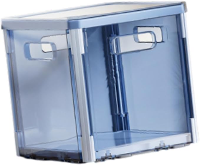 Foldable Storage Box Stackable Organizer Bin Container with Lid and Handles Portable Lightweight Dustproof PET Suitable for Clothing Bedding Books, Blue