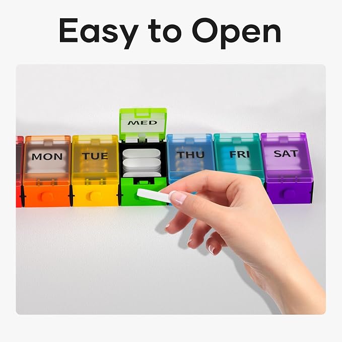 Push Button Weekly Pill Organizer, Medicine Pill Organizer, Pill Box Case 7 Day, Pill Container for Vitamins, Fish Oil, Supplements Medication (Colorful)